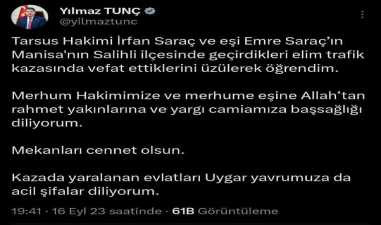 Manisa’daki kazada ölen 2 kişinin hakim ve eşi olduğu ortaya çıktı