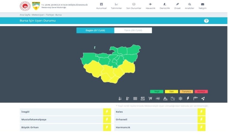 Meteorolojiden Bursanın 6 ilçesi için sarı uyarı