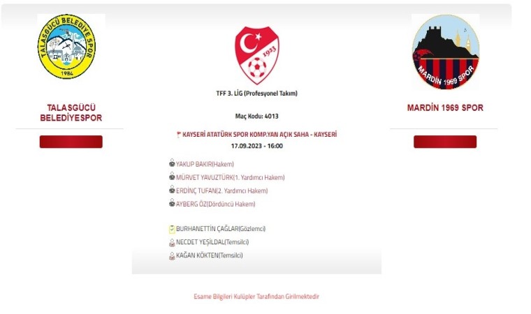 Talasgücü Belediyespor-Mardin 1969 Spor maçını Yakup Bakır yönetecek