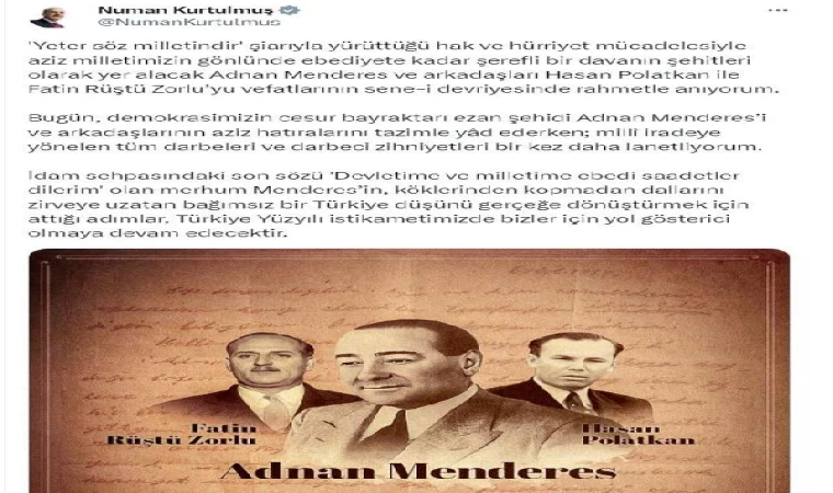 TBMM Başkanı Kurtulmuş, Adnan Menderes’i andı