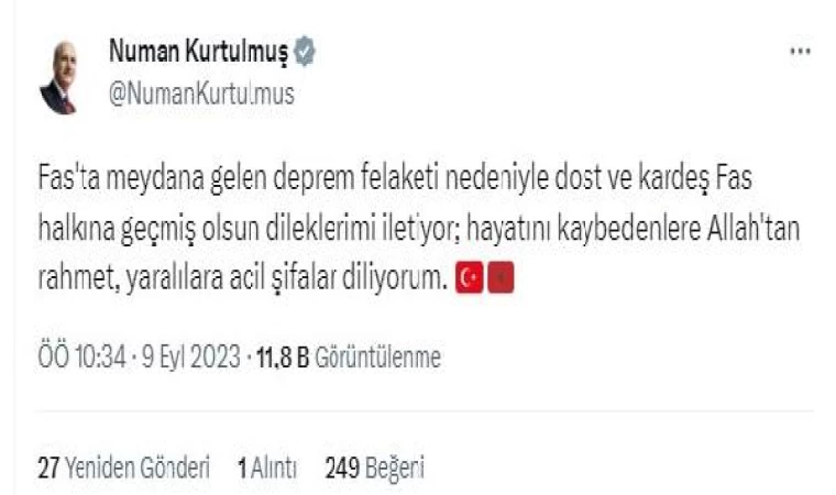 TBMM Başkanı Kurtulmuş’tan, Fas’a başsağlığı mesajı