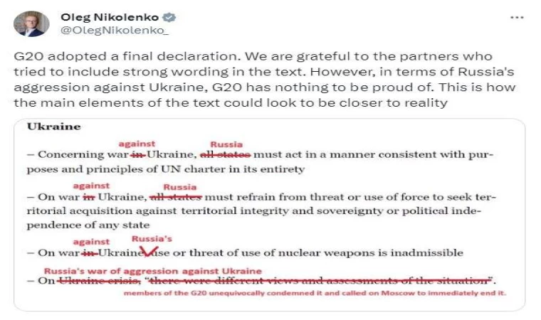 Ukrayna’dan G20 Sonuç Bildirgesi’ne tepki: Gurur duyulacak bir şey yok
