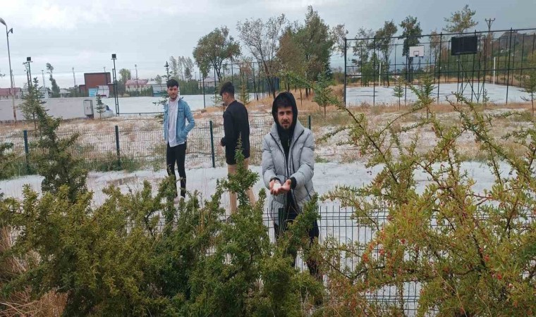 Adilcevazda dolu yağışı çevreyi beyaza bürüdü