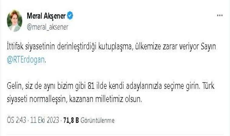 Akşener’den Cumhurbaşkanı Erdoğan’a ’ittifak’ yanıtı