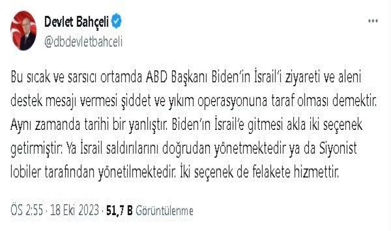 Bahçeli: Biden’ın İsrail ziyareti, tarihi bir yanlıştır