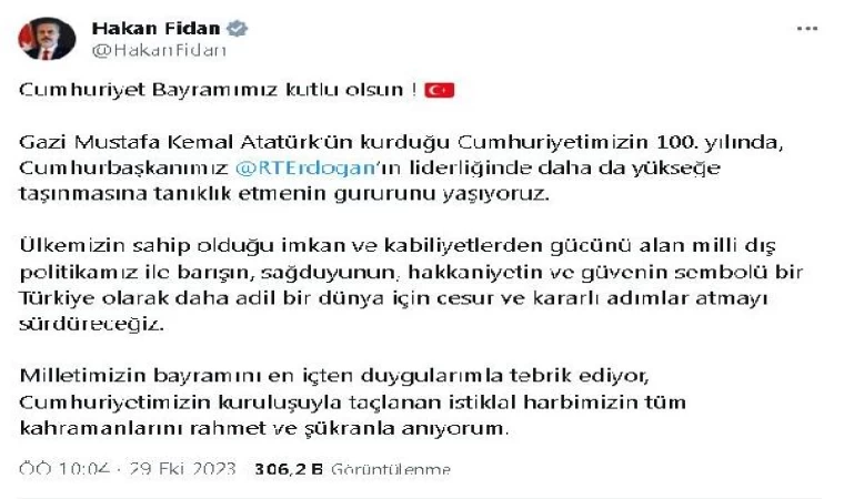 Bakan Fidan’dan, ’Cumhuriyet Bayramı’ mesajı