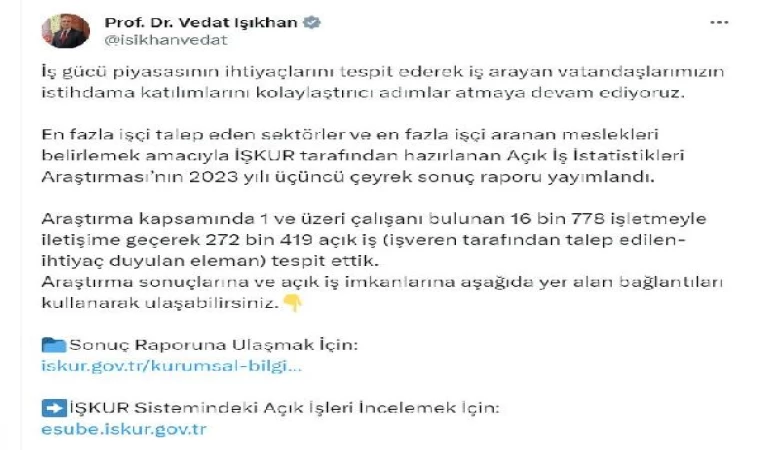 Bakan Işıkhan: 272 bin 419 eleman ihtiyacı tespit ettik