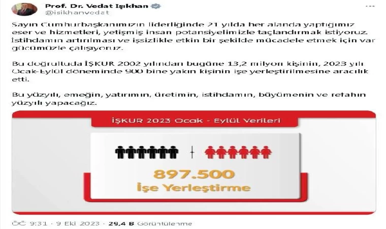 Bakan Işıkhan: İŞKUR, 900 bine yakın istihdama aracılık etti