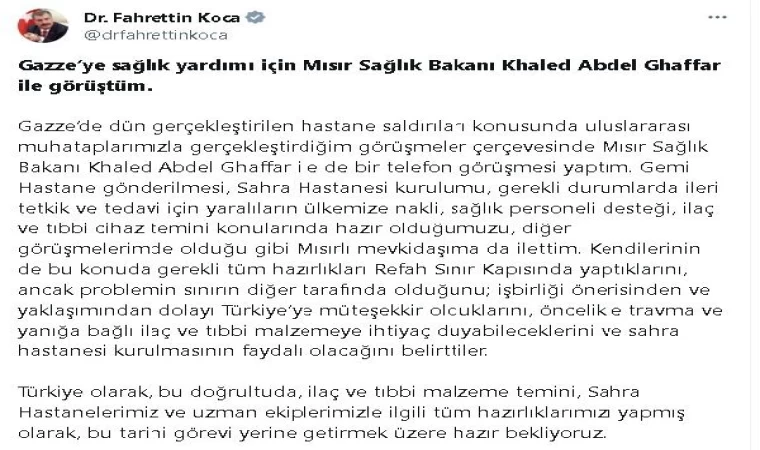 Bakan Koca, Gazze’ye sağlık yardımı için Mısır Sağlık Bakanı Ghaffar ile görüştü