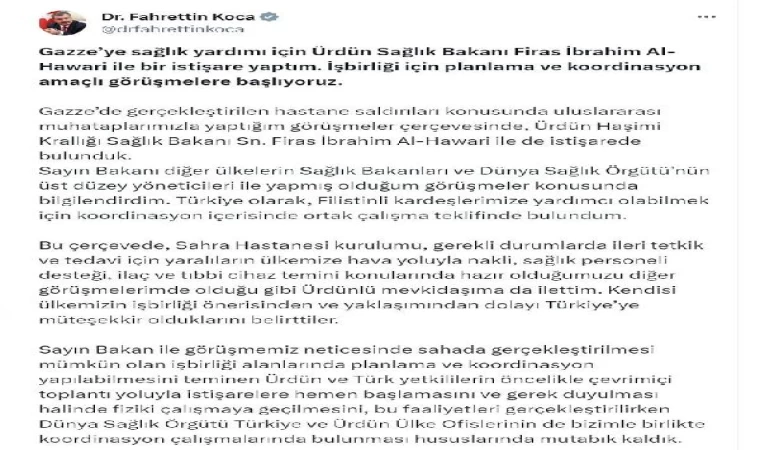 Bakan Koca: Gazze’ye yardım için koordinasyon amaçlı görüşmelere başlıyoruz