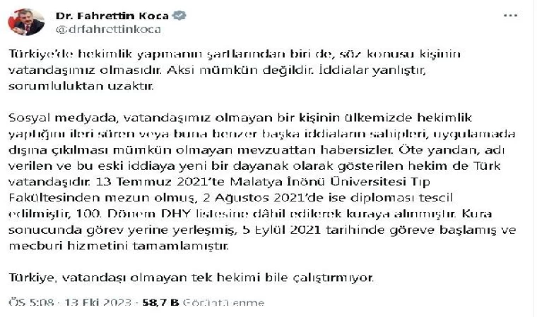 Bakan Koca: Türkiye, vatandaşı olmayan tek hekimi bile çalıştırmıyor