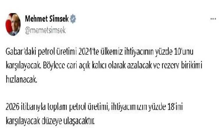 Bakan Şimşek: Gabar’daki petrol üretimi 2024’te ülkemiz ihtiyacının yüzde 10’unu karşılayacak