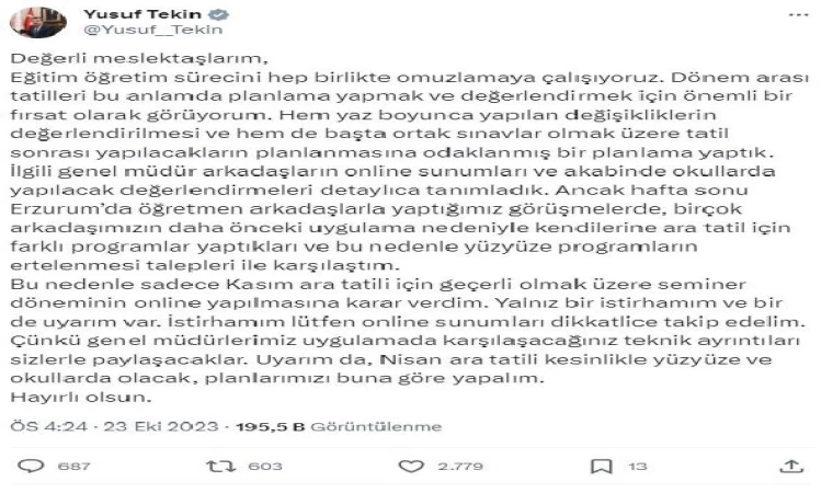 Bakan Tekin: Kasım ara tatilinde seminer dönemi online yapılacak