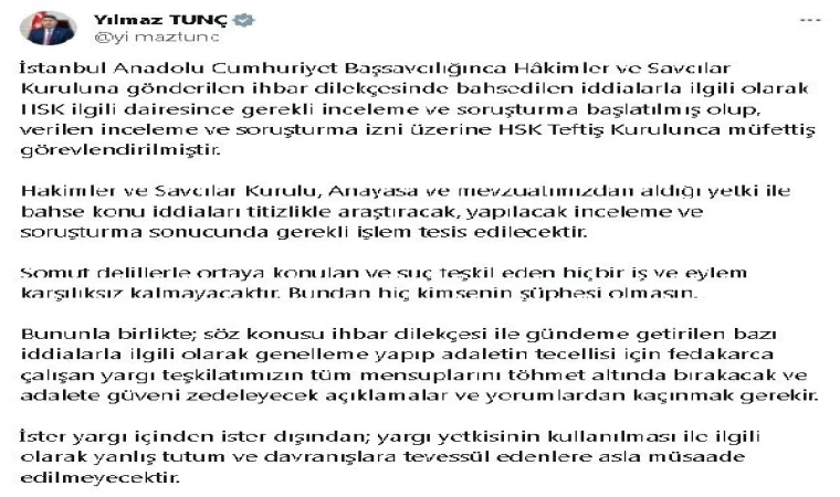 Bakan Tunç’tan, yasa dışı işlere karışan hakimler hakkında soruşturma açıklaması