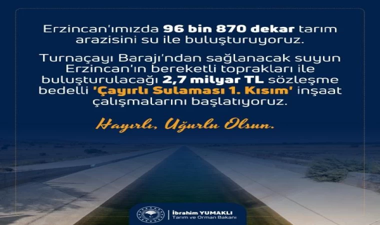 Bakan Yumaklı: Erzincan’ımızda 96 bin 870 dekar tarım arazisini su ile buluşturuyoruz