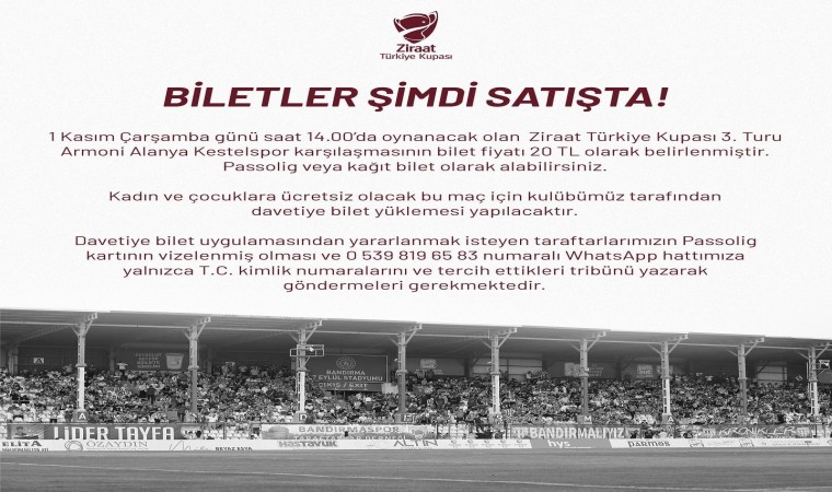 Bandırmaspor - Alanya Kestelspor maçının biletleri satışta