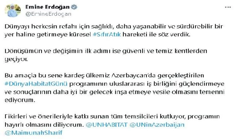 Emine Erdoğan’dan, ’Dünya Habitat Günü’ programına tebrik mesajı