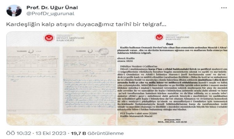 Filistinlilerin 1. Dünya Savaşına Osmanlıya gönderdiği ‘destek telgrafı ortaya çıktı