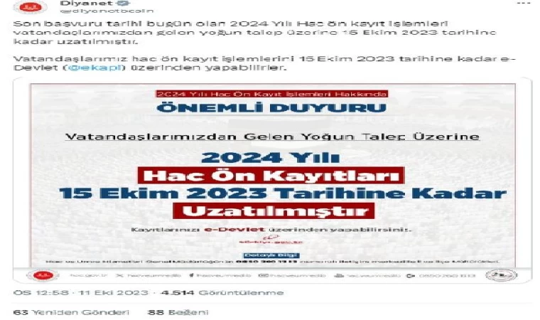 Hac ön kayıt işlemleri, 15 Ekim’e kadar uzatıldı