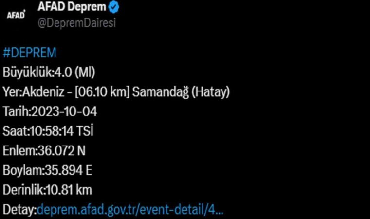 Hatayda 4 büyüklüğünde deprem