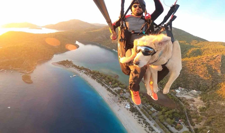 Köpeğiyle yamaç paraşütü atlayışı yaptı