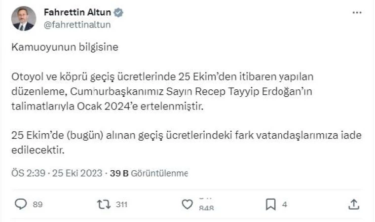 Köprü ve otoyol geçişlerine zam ertelendi