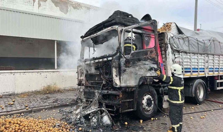 Patates yüklü tırın kupası yanarak küle döndü