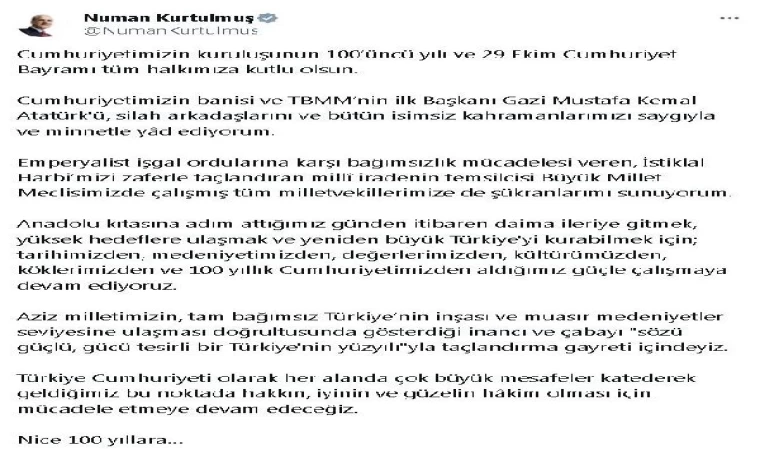 TBMM Başkanı Kurtulmuş’tan, ’Cumhuriyet Bayramı’ mesajı