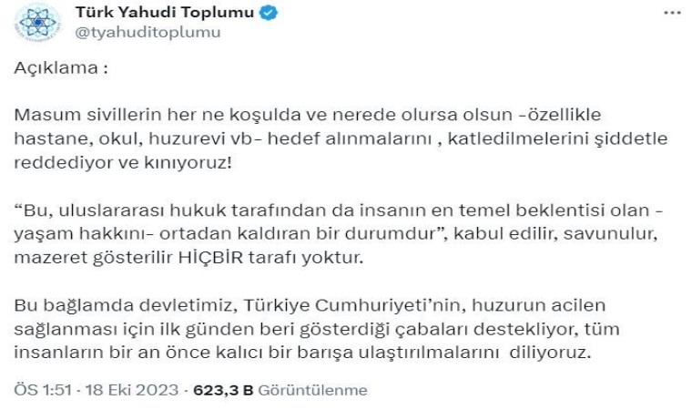 Türk Yahudi Toplumu İsrailin hastaneye saldırısını kınadı