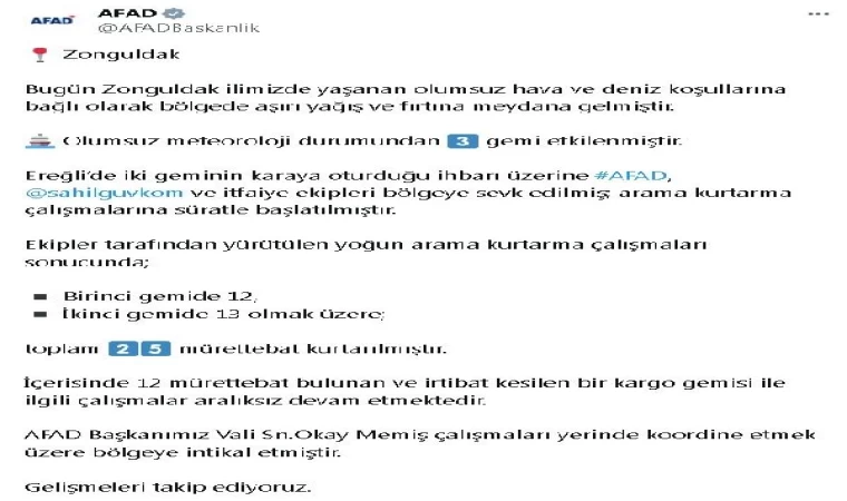 AFAD, Zonguldak’ta irtibatı kesilen kargo gemisini arama çalışmalarını sürdürüyor