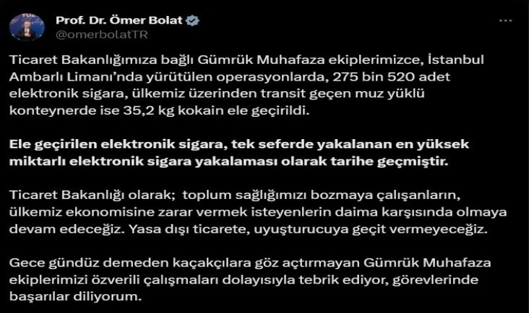 Ambarlı Limanında 275 bin 520 adet elektronik sigara ele geçirildi