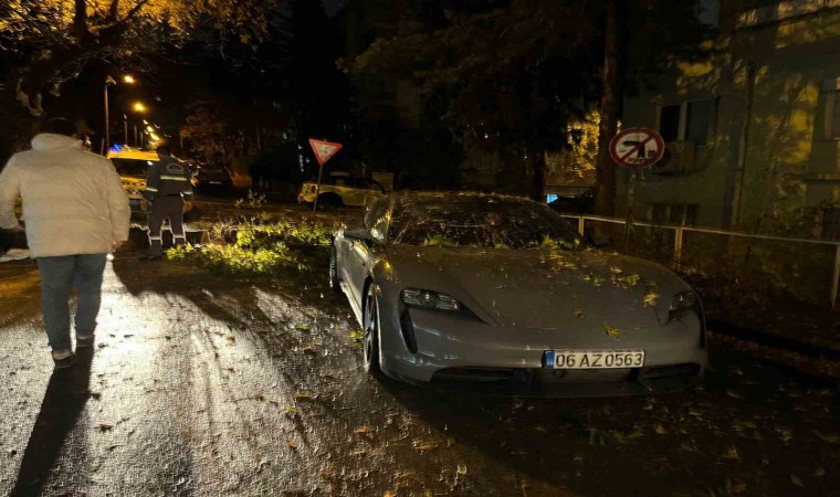 Ankarada şiddetli rüzgarda kırılan ağaç dalı lüks otomobilin üzerine düştü