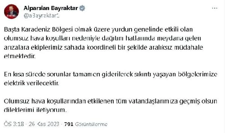 Bakan Bayraktar: Dağıtım hatlarındaki arızalara müdahale edilmektedir