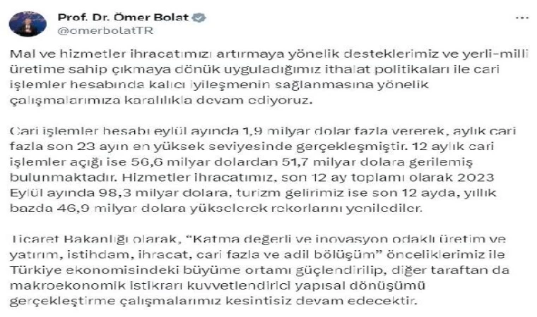 Bakan Bolat: Cari işlemler hesabında kalıcı iyileşme için çalışıyoruz