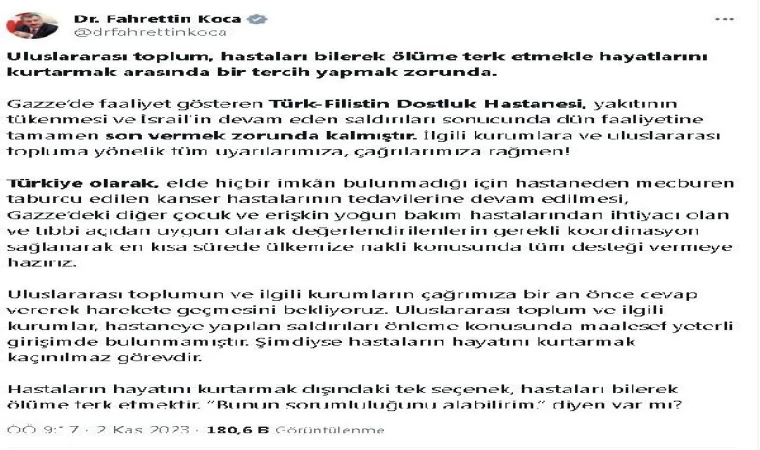 Bakan Koca: Türk- Filistin Dostluk Hastanesi’nin hastalarına desteğe hazırız