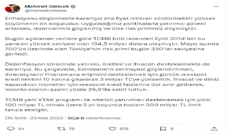 Bakan Şimşek: Uyguladığımız politikalarla rezervlerimiz güçlenmiş ve ülke risk primimiz düşmüştür