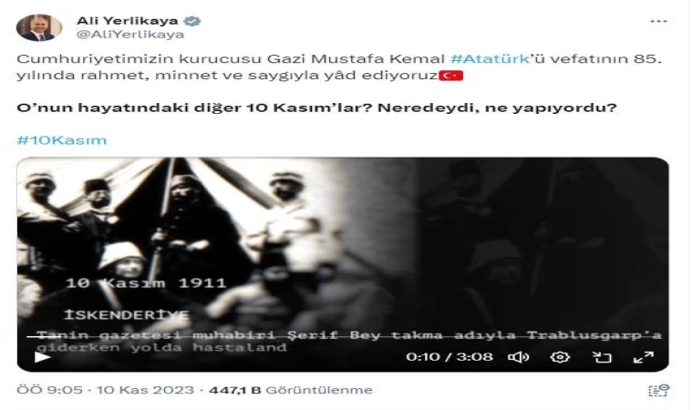 Bakan Yerlikaya, ’10 Kasımlar’ videosu ile Atatürk’ü andı