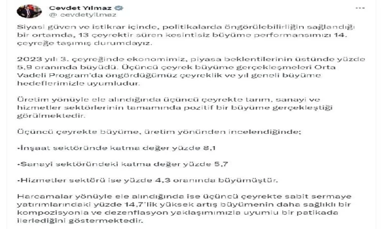 Cevdet Yılmaz: En iyi büyüme performansı gösteren birinci ülke konumundayız