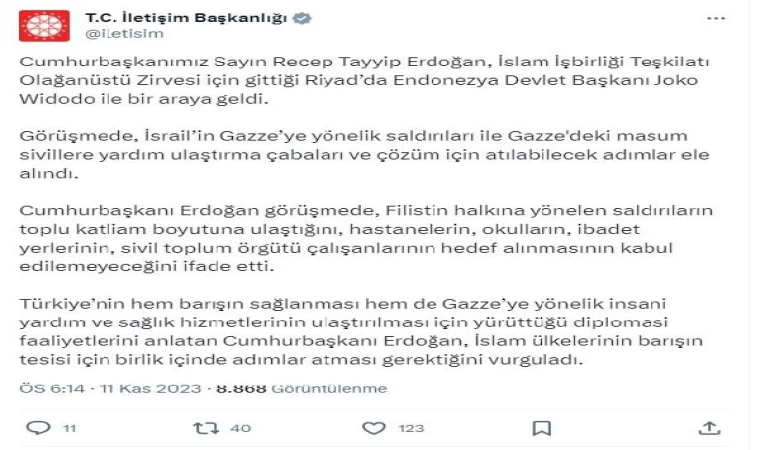 Cumhurbaşkanı Erdoğan, Endonezya Devlet Başkanı ile bir araya geldi