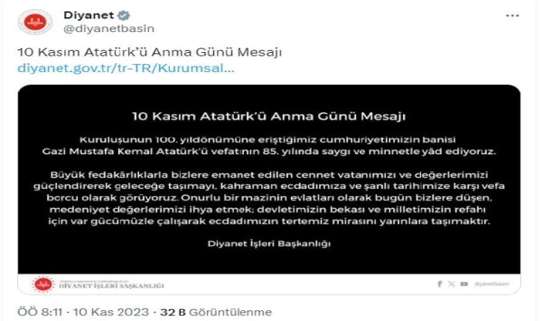 Diyanet’ten ’10 Kasım Atatürk’ü Anma Günü’ mesajı