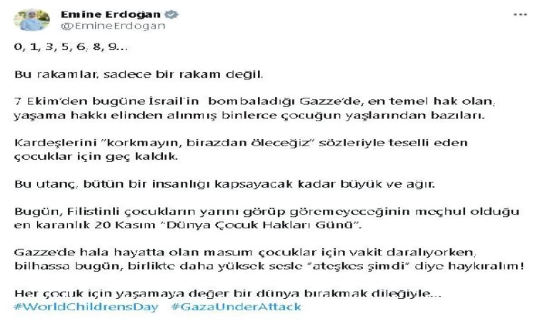 Emine Erdoğan’dan Dünya Çocuk Hakları Günü’nde ’ateşkes’ çağrısı