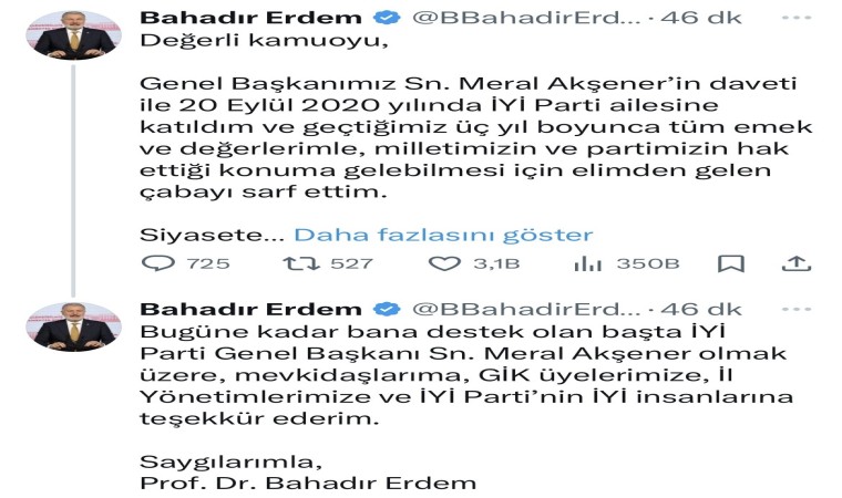 İYİ Partili Bahadır Erdem partisinden istifa etti