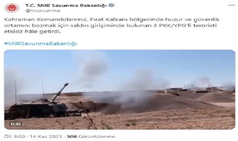 MSB: 3 PKK/YPG’li terörist etkisiz hale getirildi