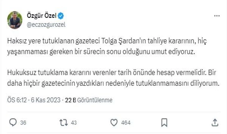 Özgür Özel: Hukuksuz tutuklama kararını verenler tarih önünde hesap vermelidir