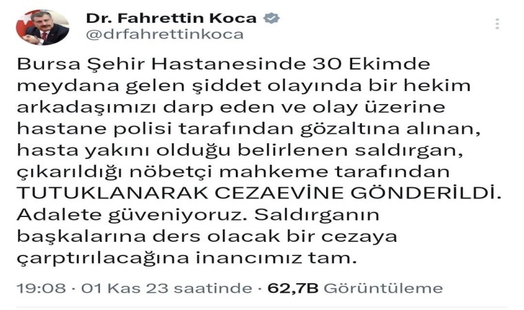 Sağlık Bakanı Koca: Bursada hekimi darbeden kişi tutuklandı