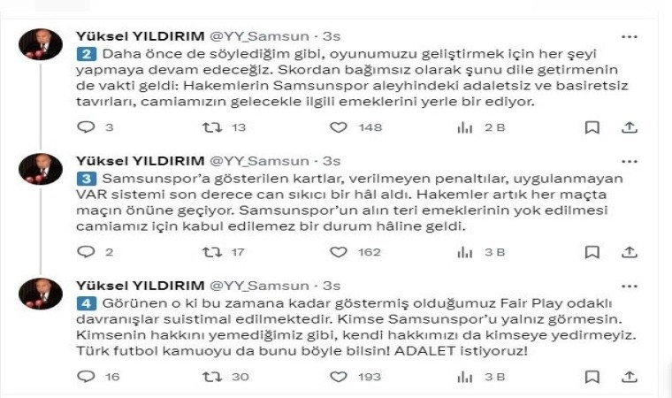 Y. Samsunspordan sert açıklama: “Hakem hatalarının devam etmesi durumunda, emeklerimizin gölgede bırakılmasına göz yummayacağız