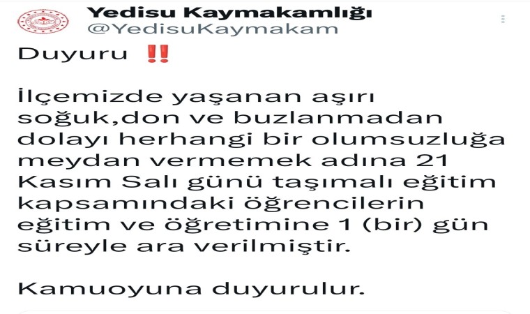 Yedisuda taşımalı eğitime 1 gün ara verildi