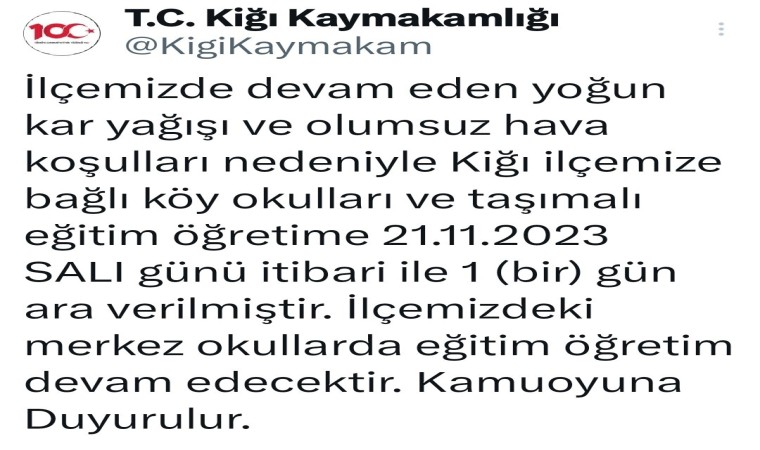 Yedisudan sonra Kiğıda da taşımalı eğitime 1 gün ara verildi