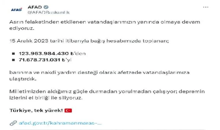 AFAD, bağış hesabında toplanan 71 milyar lirayı afetzedelere ulaştırdı