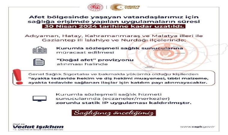 Afet bölgesinde sağlığa erişim uygulamalarının süresi uzatıldı